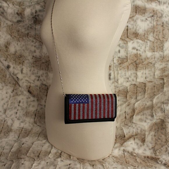 Patriotic Red White Blue Rhinestone Bling Black Hobo Crossbody Mini Shoulder Bag - Picture 1 of 11
